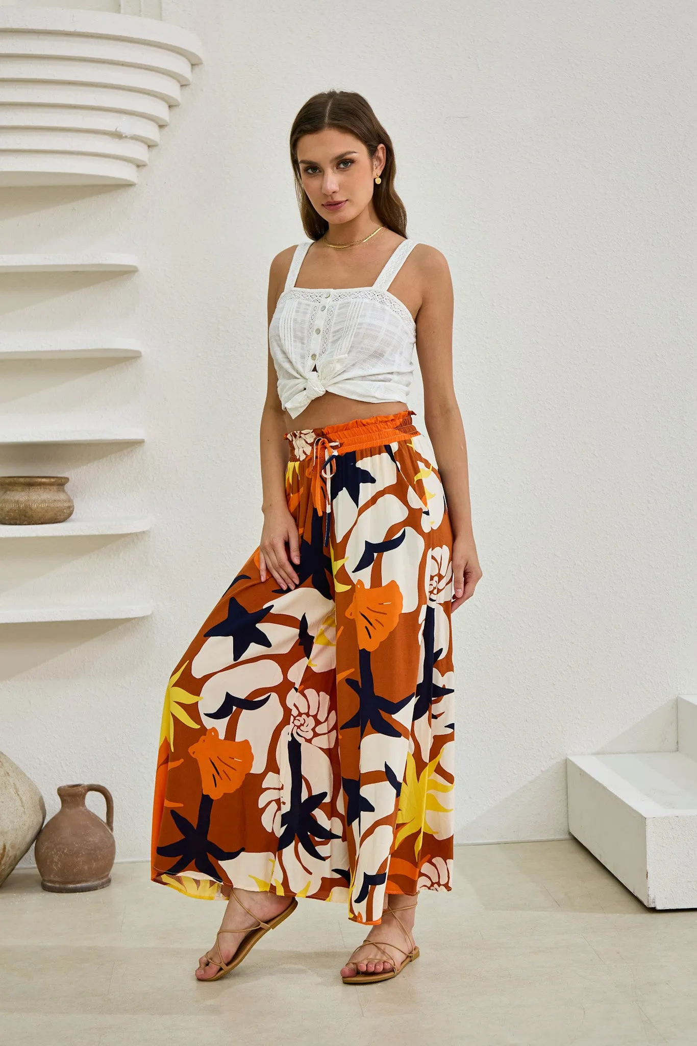 Esmeralda Orange Abstract Wide Leg Cropped Pants