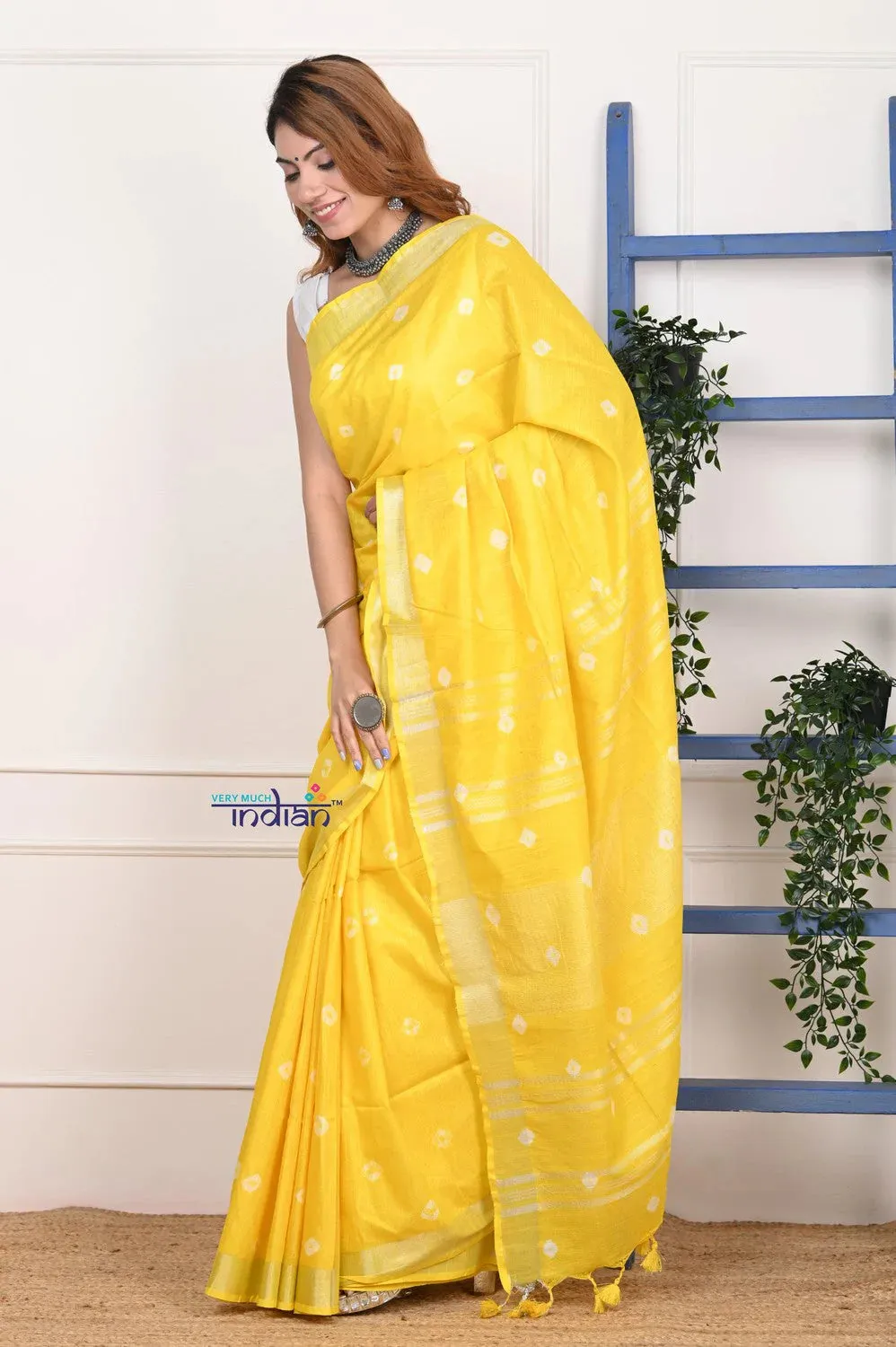 EXCLUSIVE! Handmade Tie and Dye Cotton Lime Yellow Saree By Women Weavers