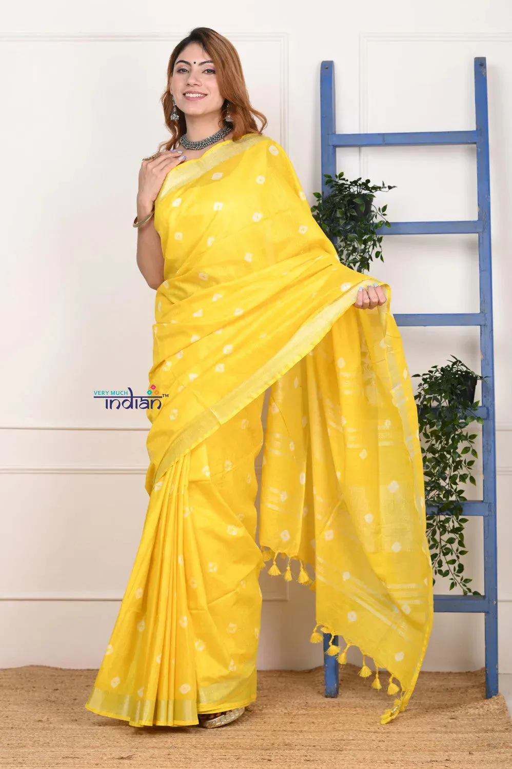 EXCLUSIVE! Handmade Tie and Dye Cotton Lime Yellow Saree By Women Weavers