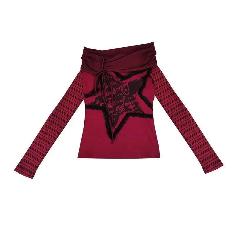 Girlary  Japanese Y2k Off Shoulder T-shirt Women Harajuku Gothic Long Sleeve Vintage Red Stripe Star Graphic T Shirts Grunge