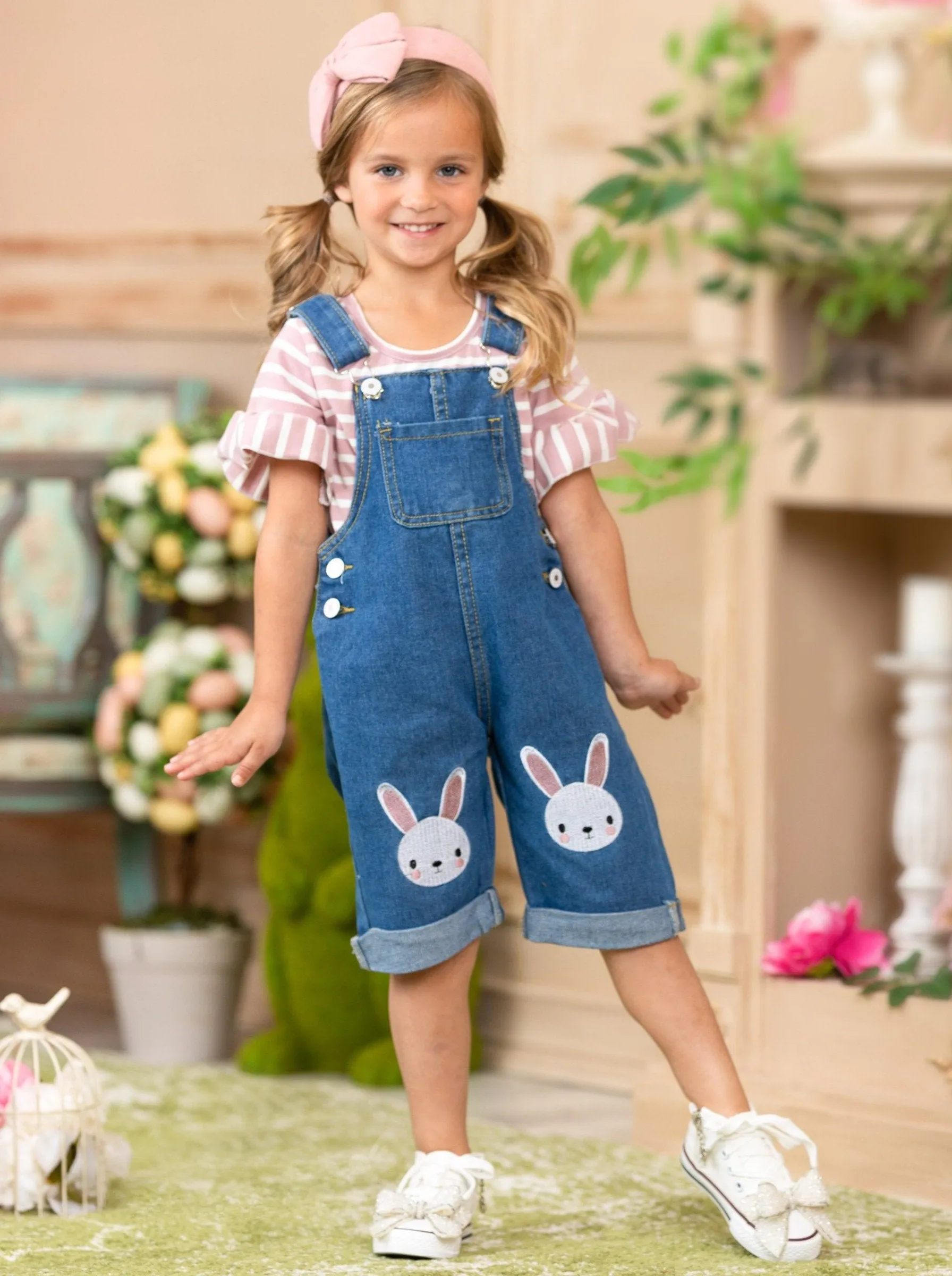 Girls Carefree Days Top with Denim Overall Easter Set