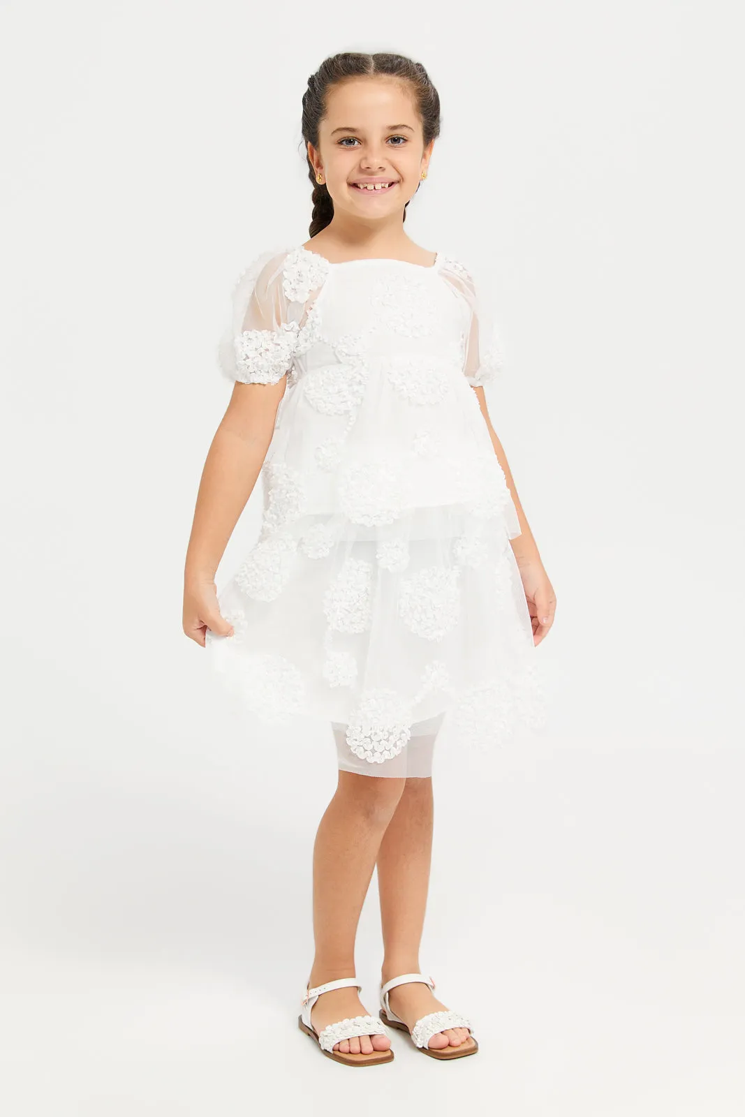 Girls White Flower Embroidered Skirt