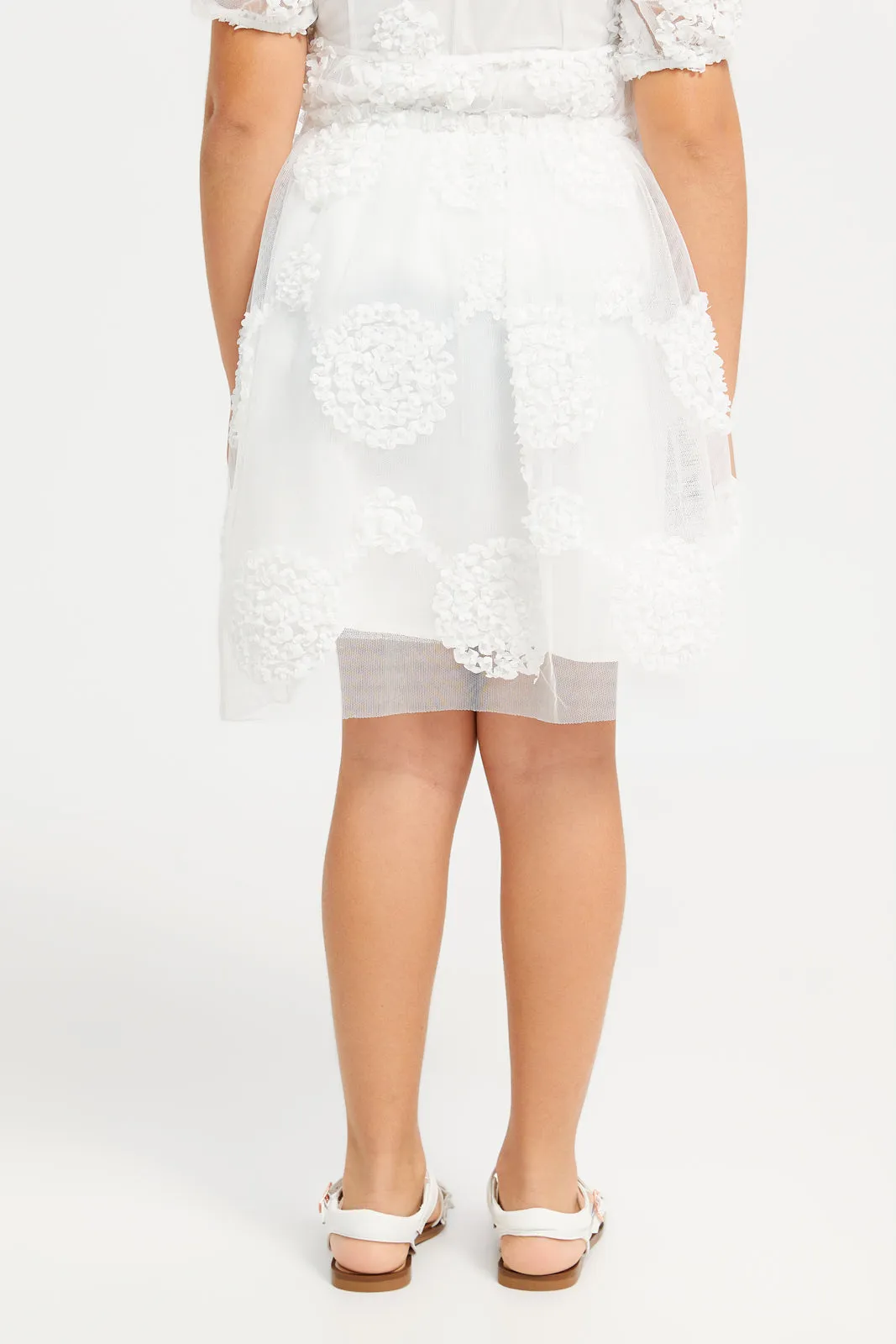 Girls White Flower Embroidered Skirt