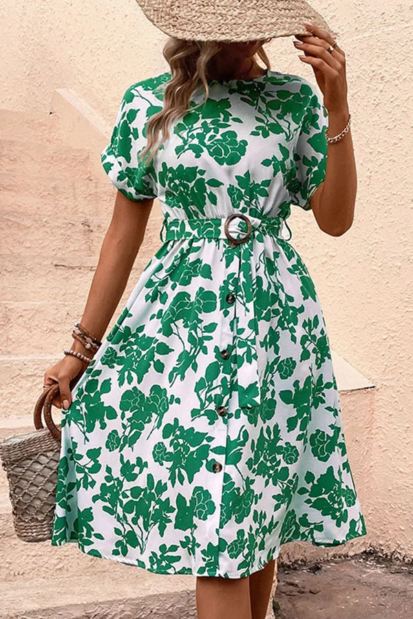 Green Leaf High Waist Belt Dress