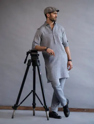 GREY -PATCHWORK DETAILED SHORT LENGTH KURTA PAJAMA