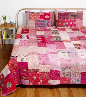 Handicraft-Palace Silk Patchwork Double Quilt Gudri Bedspread Kantha Quilted Quilt with 2 Pillow Cover (110" X 90" Inch_Pink)