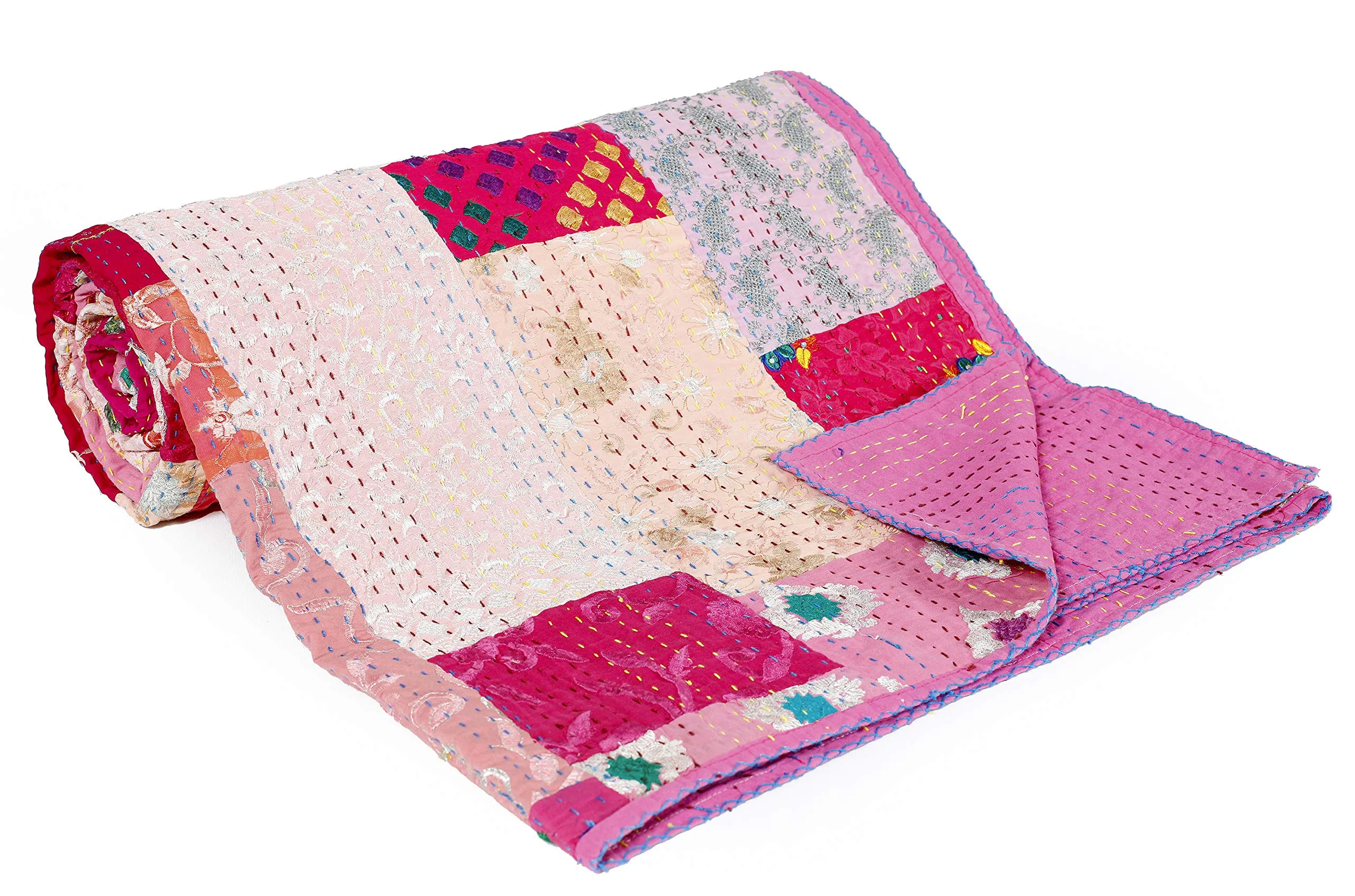 Handicraft-Palace Silk Patchwork Double Quilt Gudri Bedspread Kantha Quilted Quilt with 2 Pillow Cover (110" X 90" Inch_Pink)