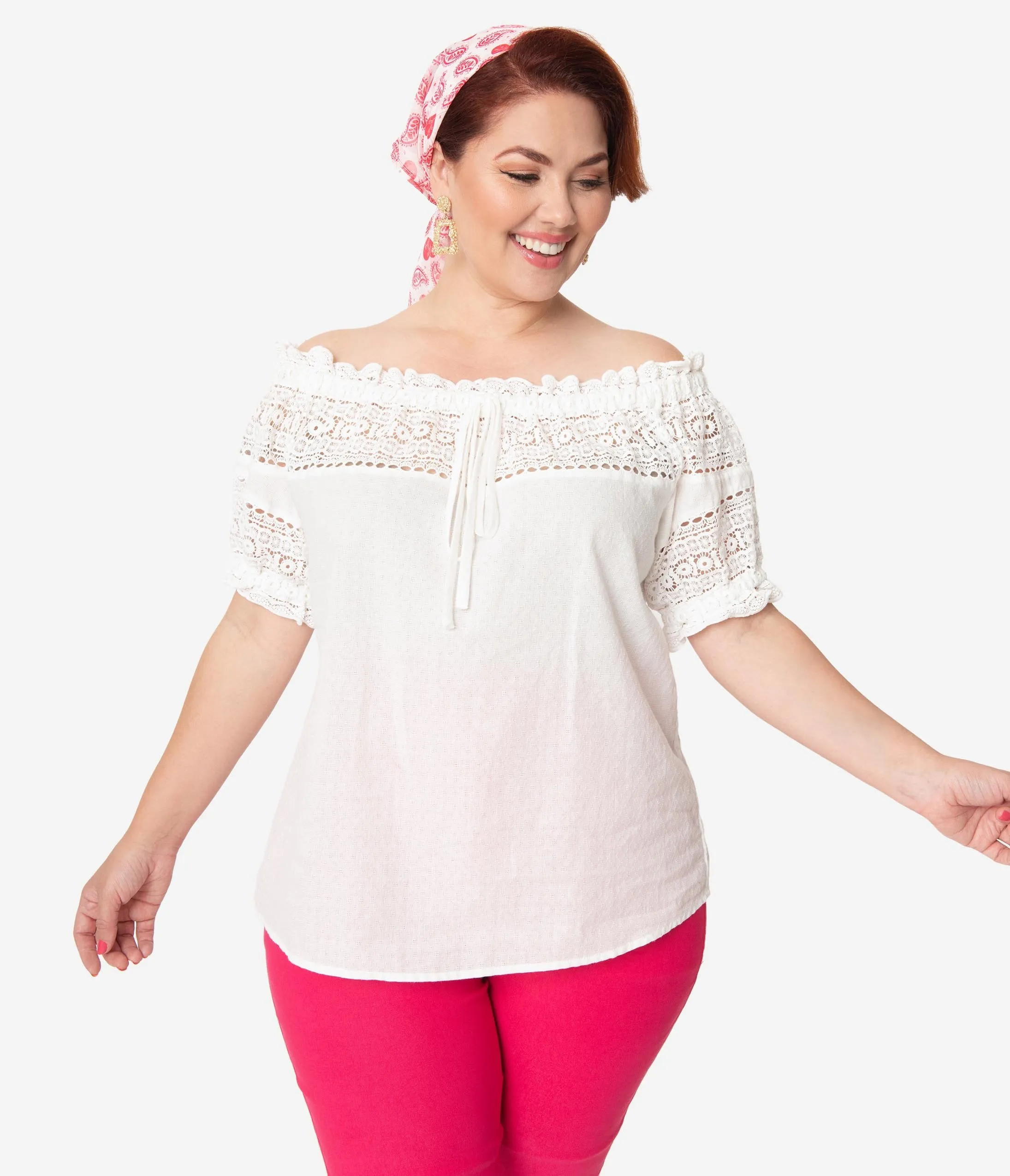 I Love Lucy x Unique Vintage Plus Size White Crochet Vineyard Blouse