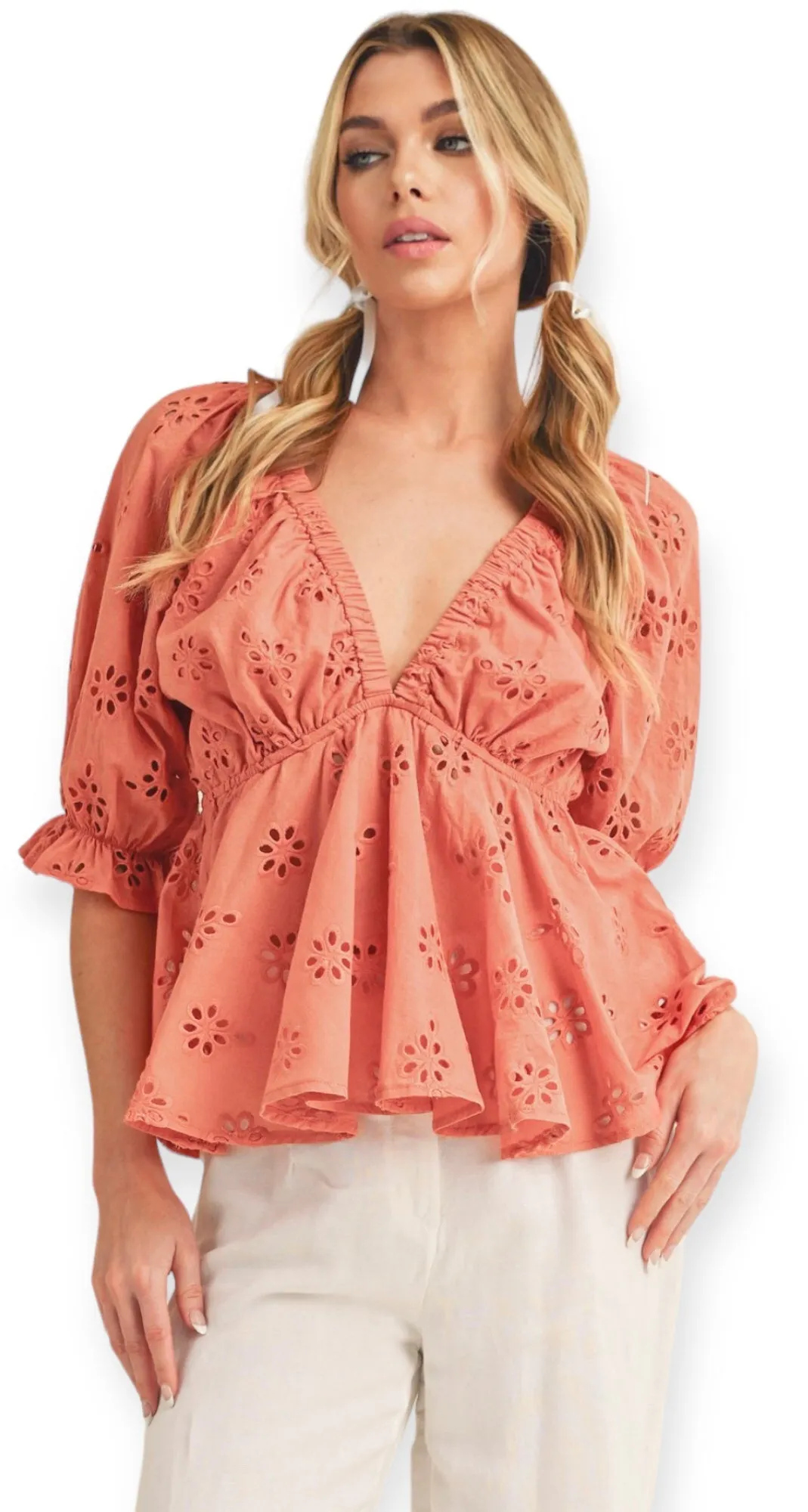 Jade Eyelet Embroidered Top- Coral