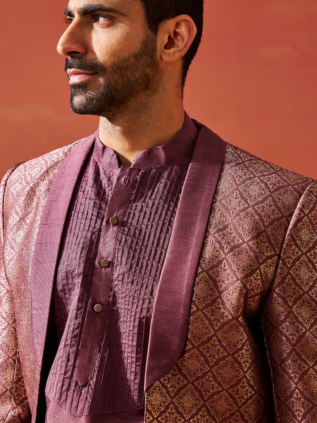 Jashvi Men's Purple Silk Blend Sherwani