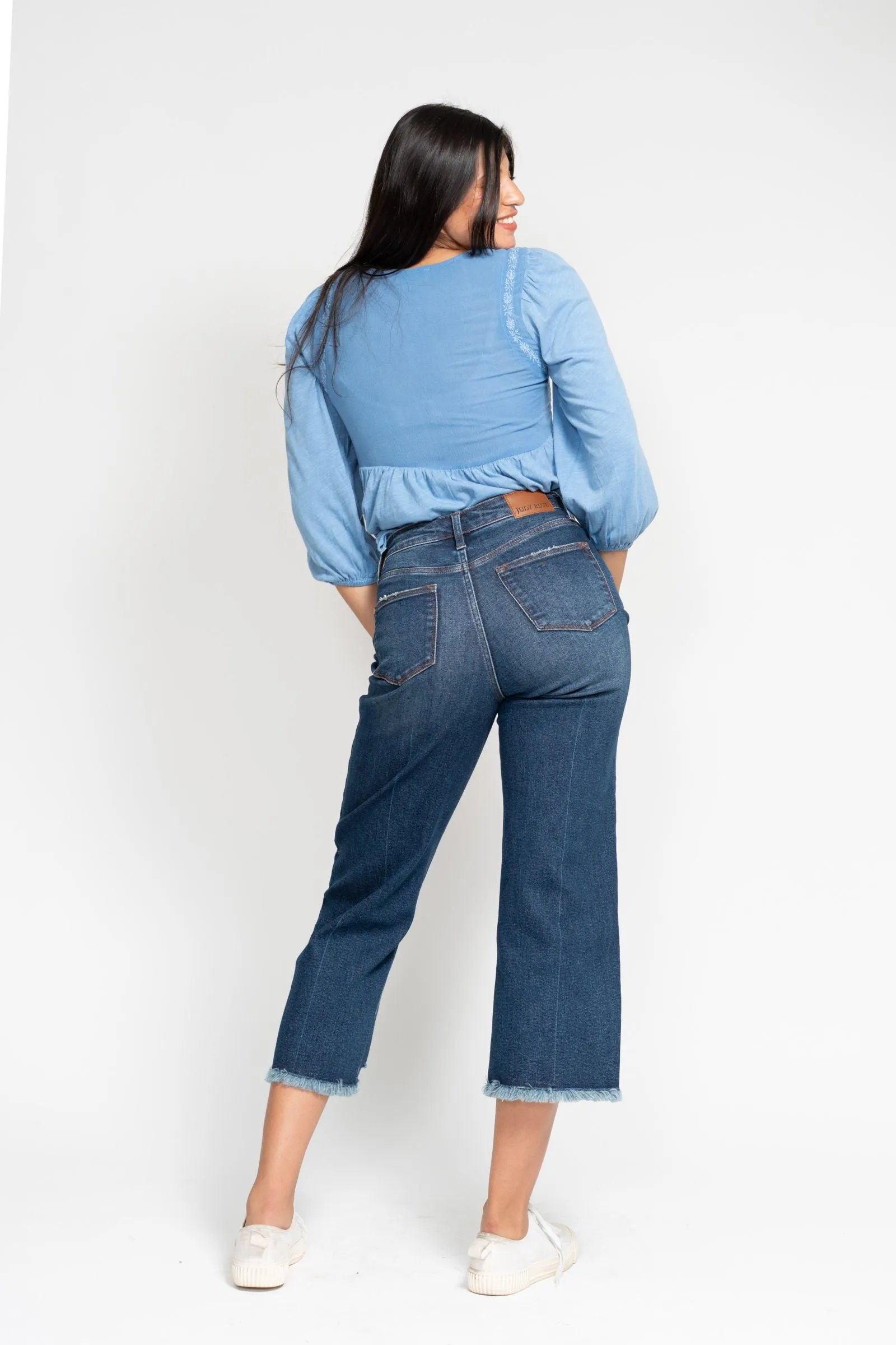 Judy Blue High Waist Button Fly Destroy Wide Leg Crop Denim 88887