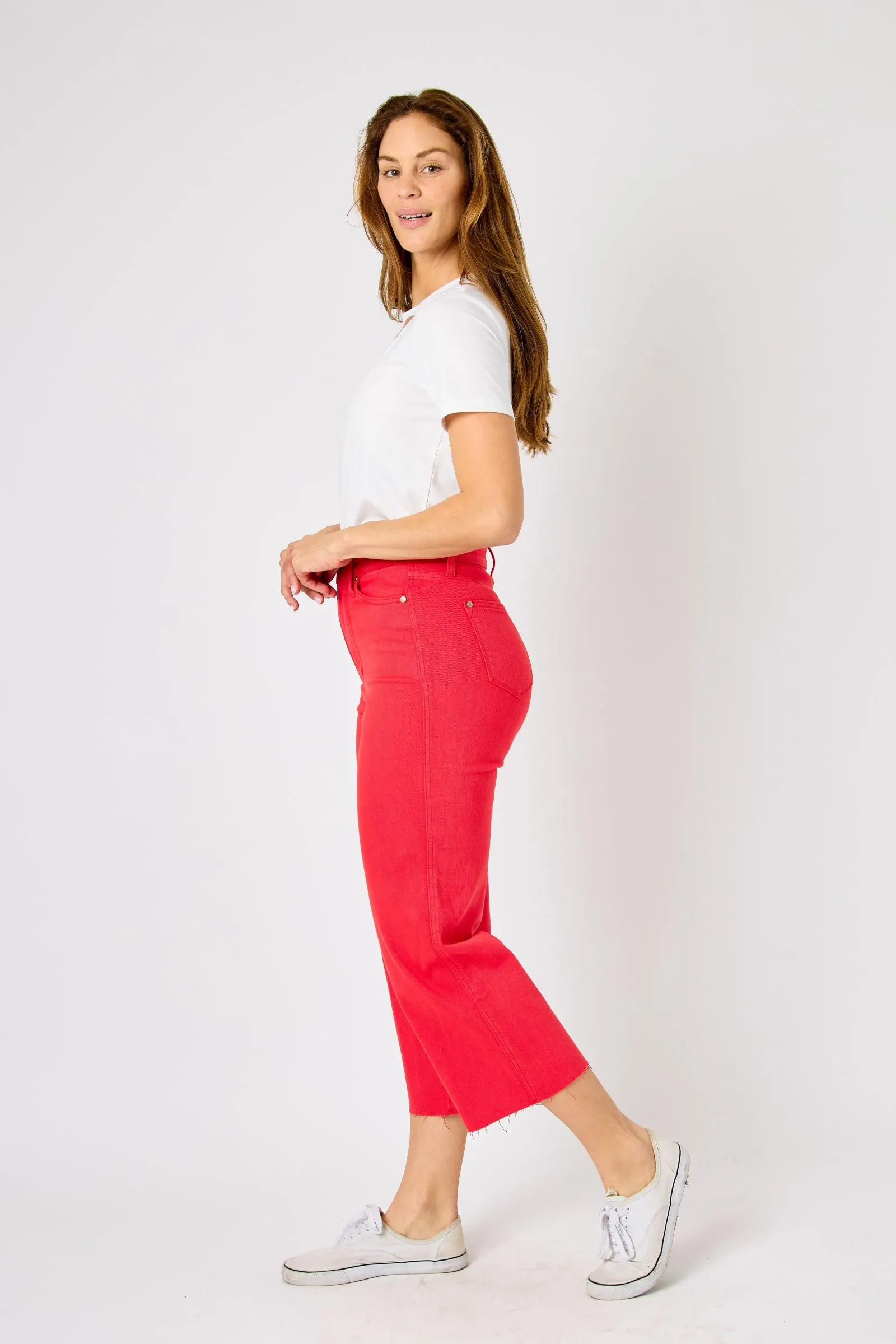 Judy Blue High Waist Garment Dyed Red Tummy Control Wide Leg Crop Denim 88838