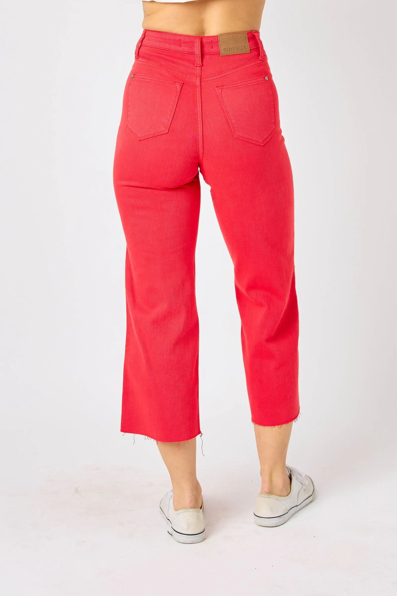 Judy Blue High Waist Garment Dyed Red Tummy Control Wide Leg Crop Denim 88838