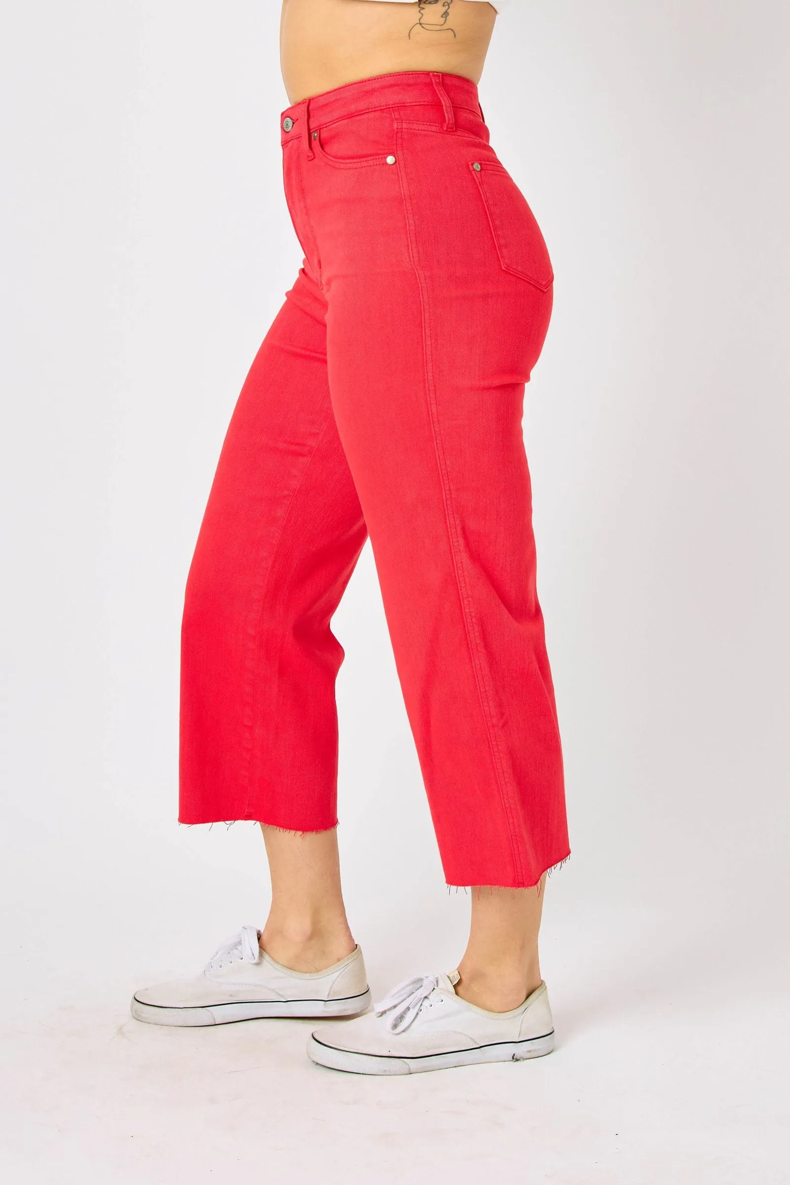 Judy Blue High Waist Garment Dyed Red Tummy Control Wide Leg Crop Denim 88838