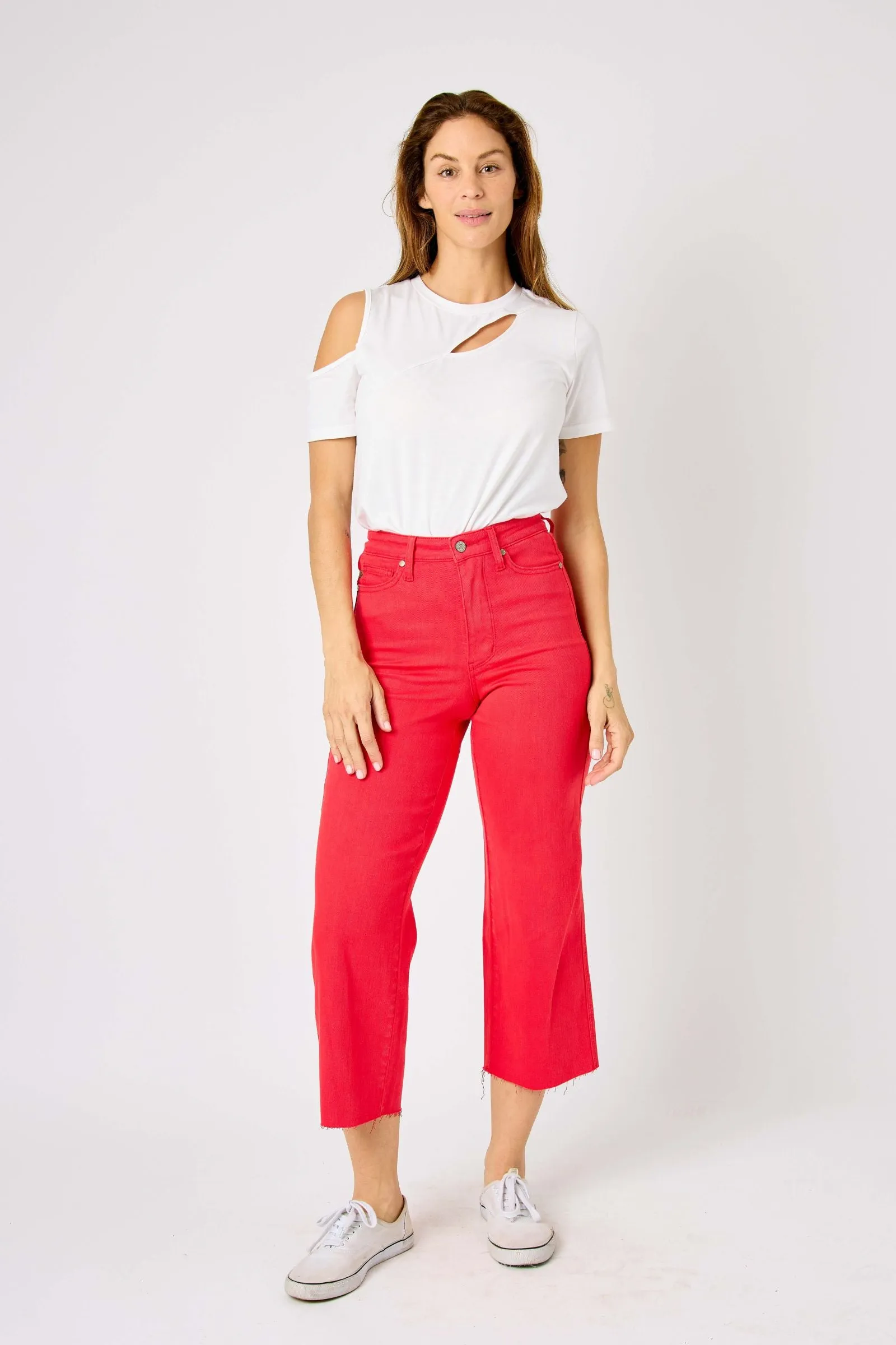 Judy Blue High Waist Garment Dyed Red Tummy Control Wide Leg Crop Denim 88838