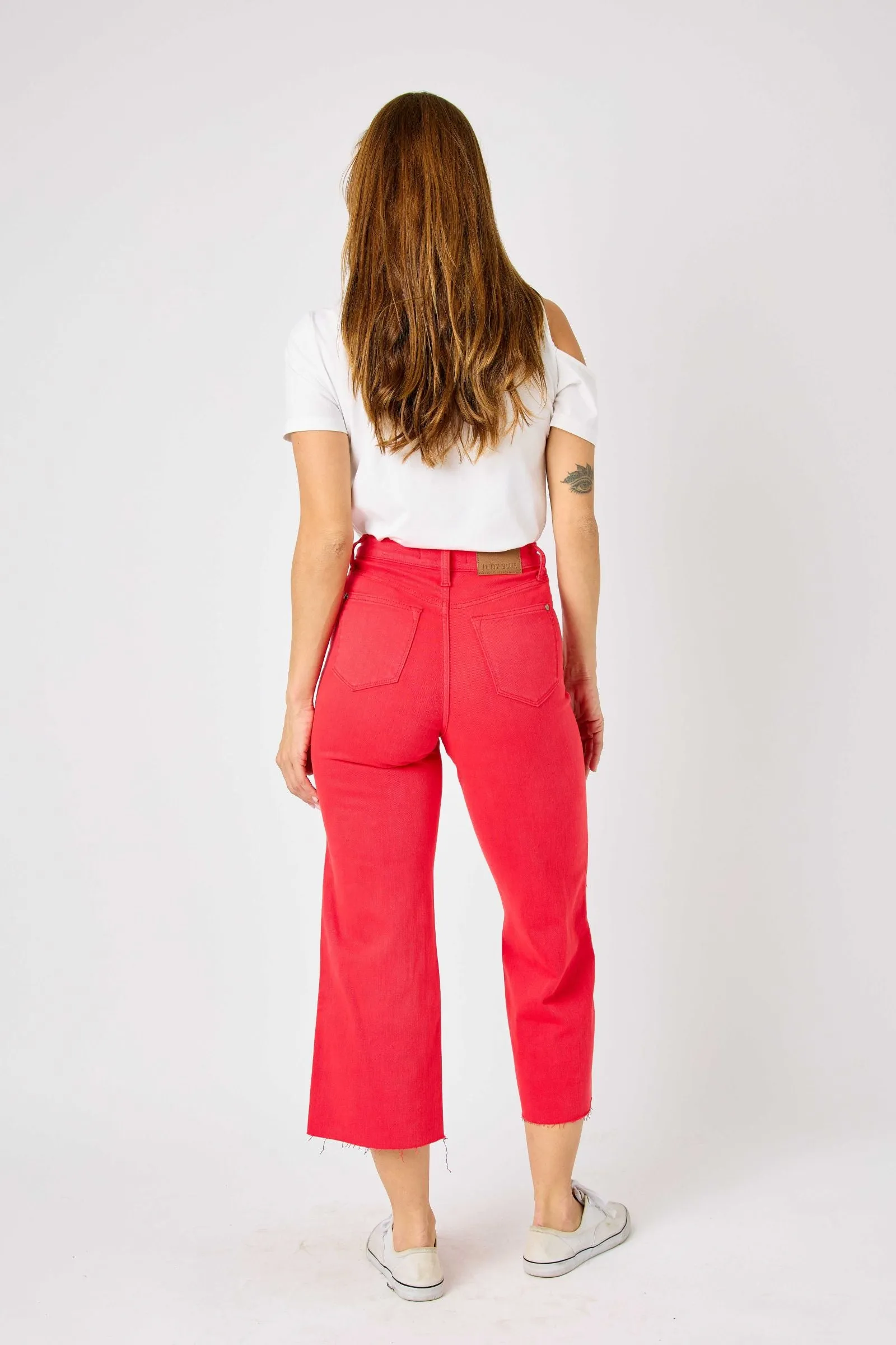 Judy Blue High Waist Garment Dyed Red Tummy Control Wide Leg Crop Denim 88838