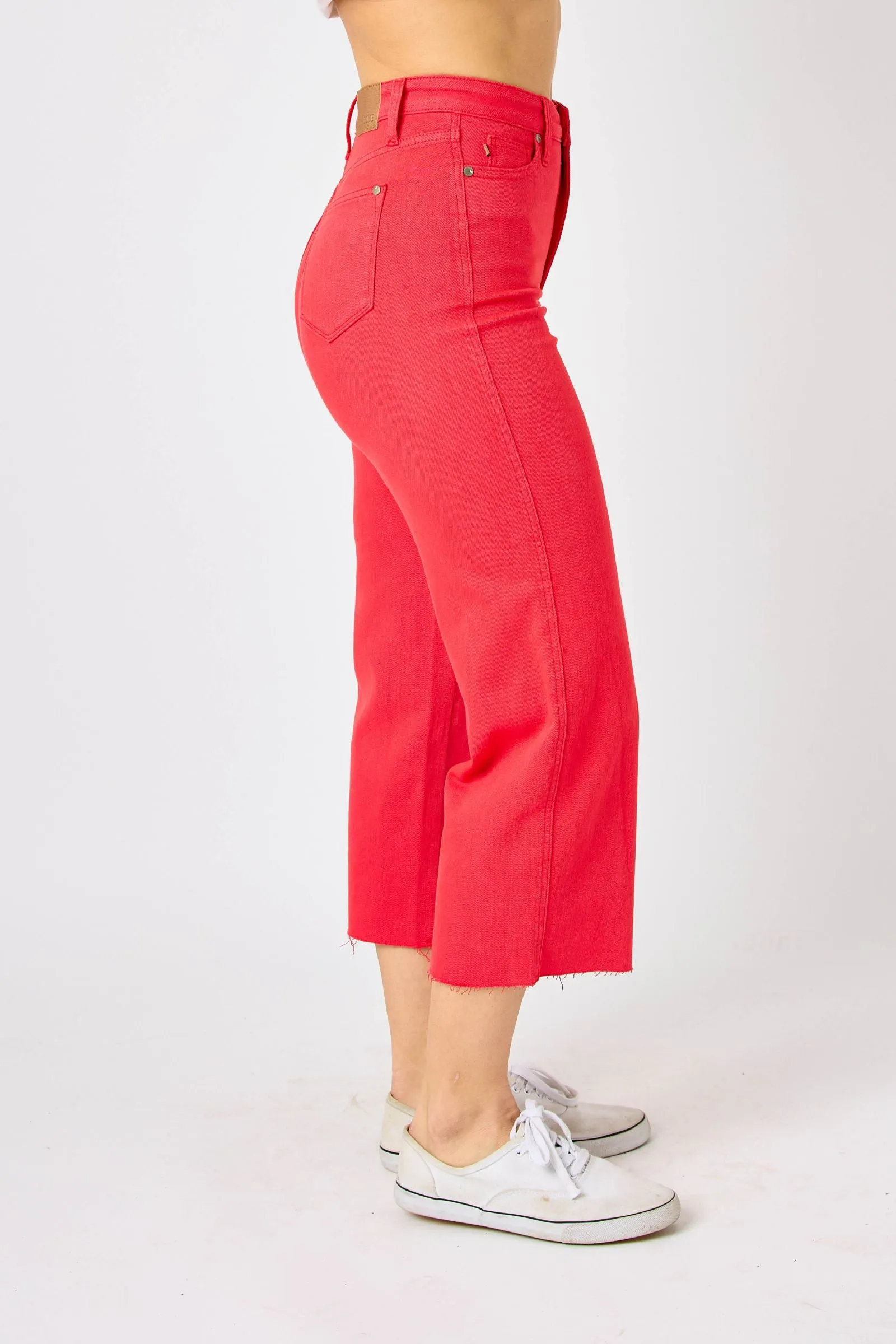 Judy Blue High Waist Garment Dyed Red Tummy Control Wide Leg Crop Denim 88838