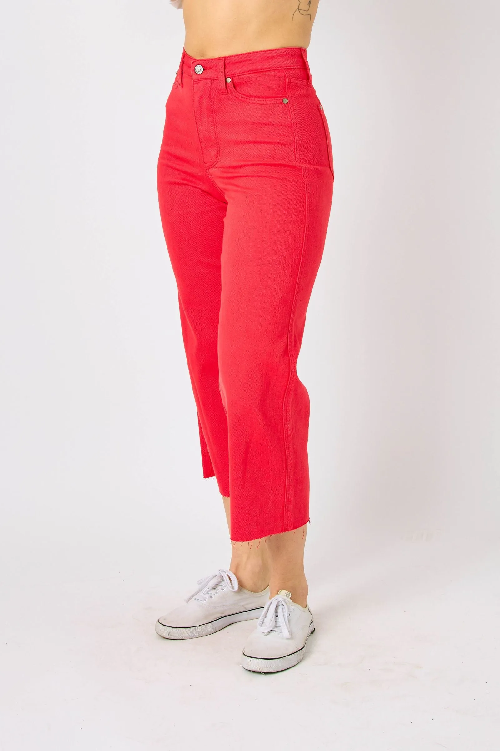 Judy Blue High Waist Garment Dyed Red Tummy Control Wide Leg Crop Denim 88838