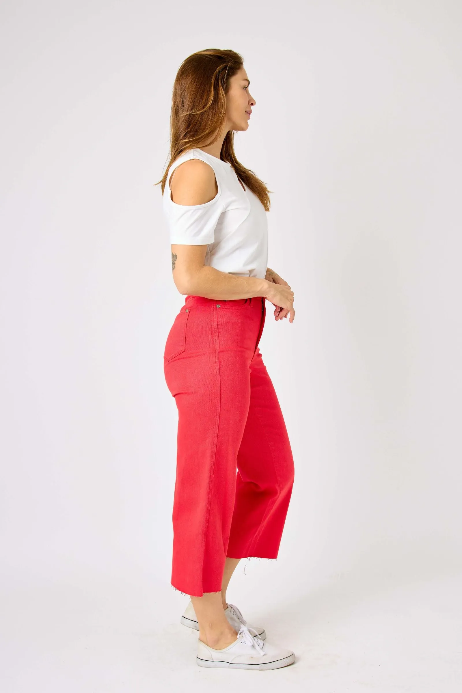 Judy Blue High Waist Garment Dyed Red Tummy Control Wide Leg Crop Denim 88838