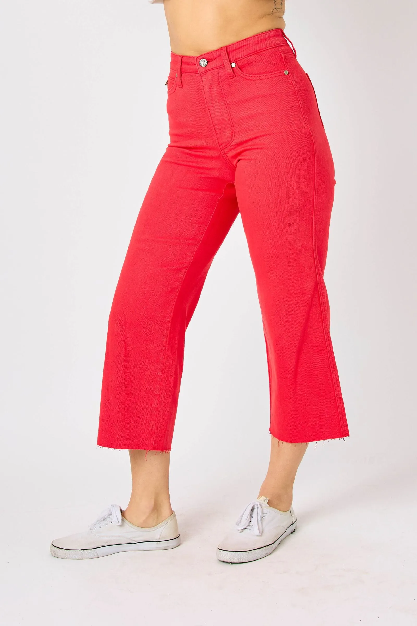 Judy Blue High Waist Garment Dyed Red Tummy Control Wide Leg Crop Denim 88838