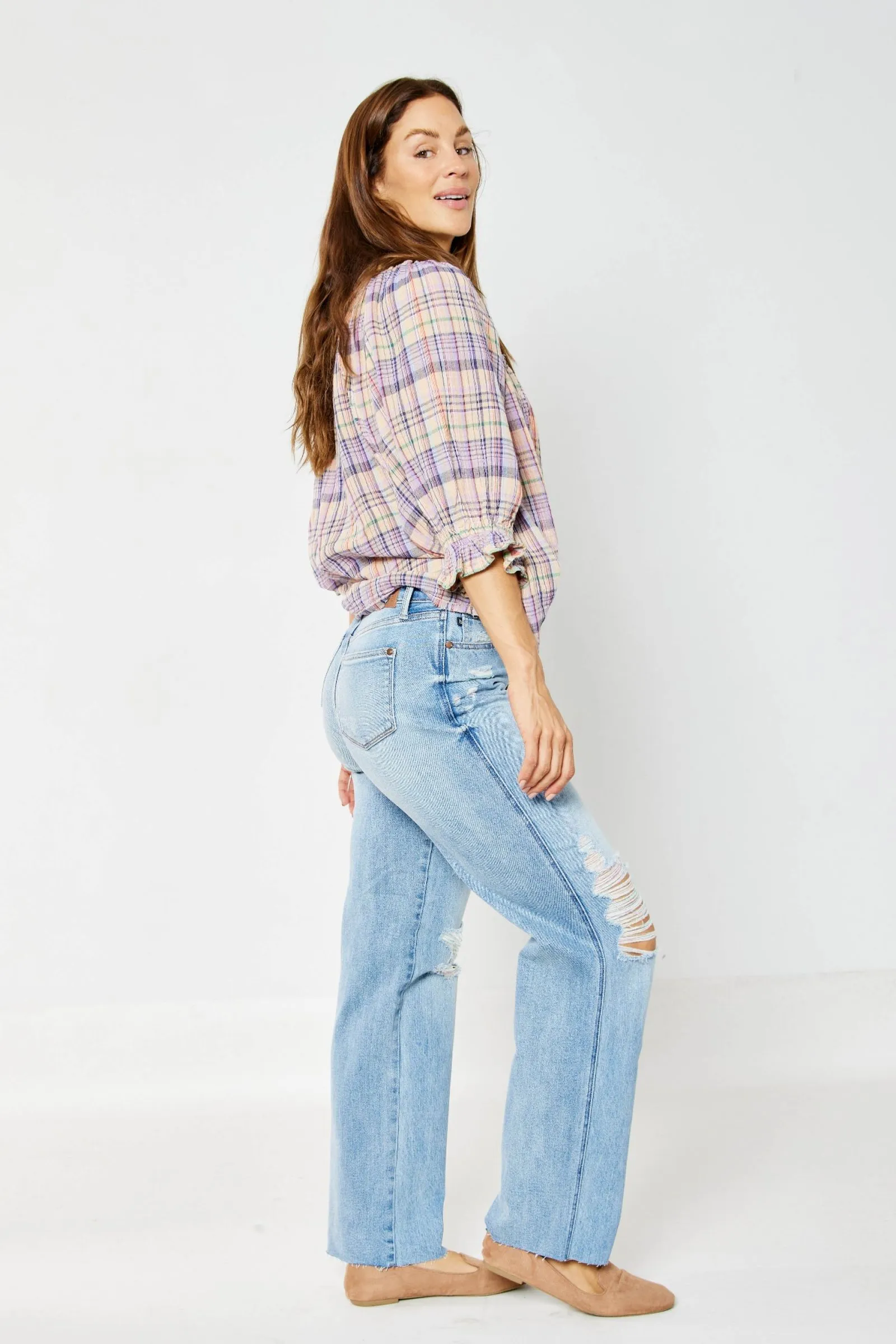 Judy Blue High Waist Rigid Magic Destroy 90's Rainbow Thread Straight Jeans 88671