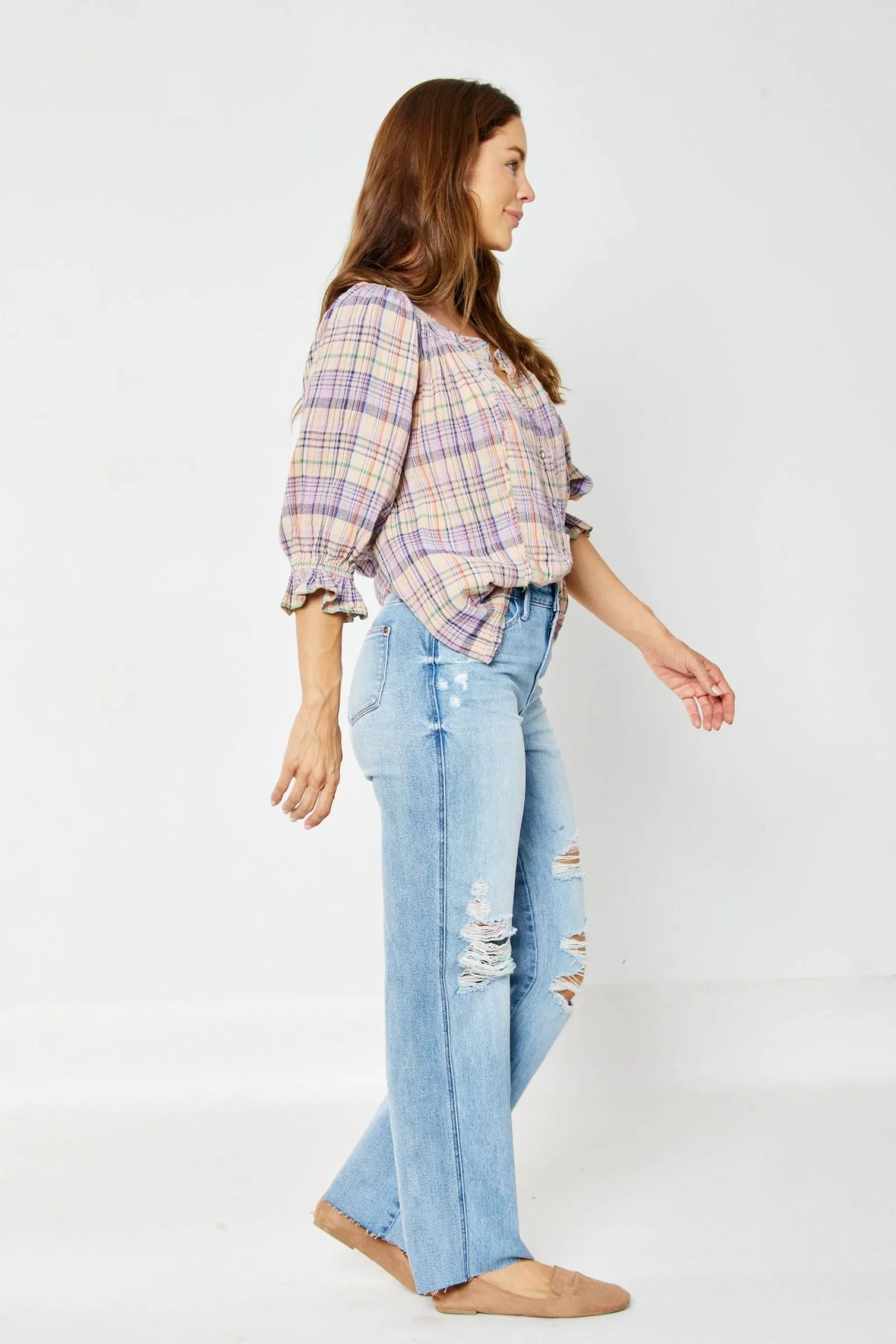 Judy Blue High Waist Rigid Magic Destroy 90's Rainbow Thread Straight Jeans 88671