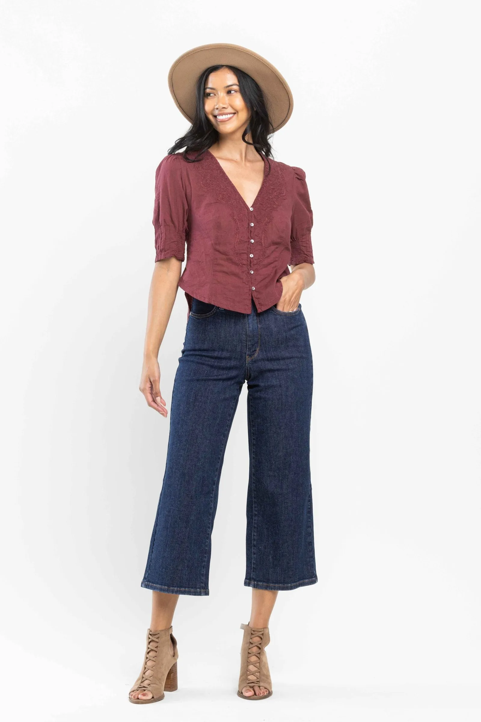 Judy Blue High Waist Tummy Control Tailored Wide Leg Crop Denim 88716