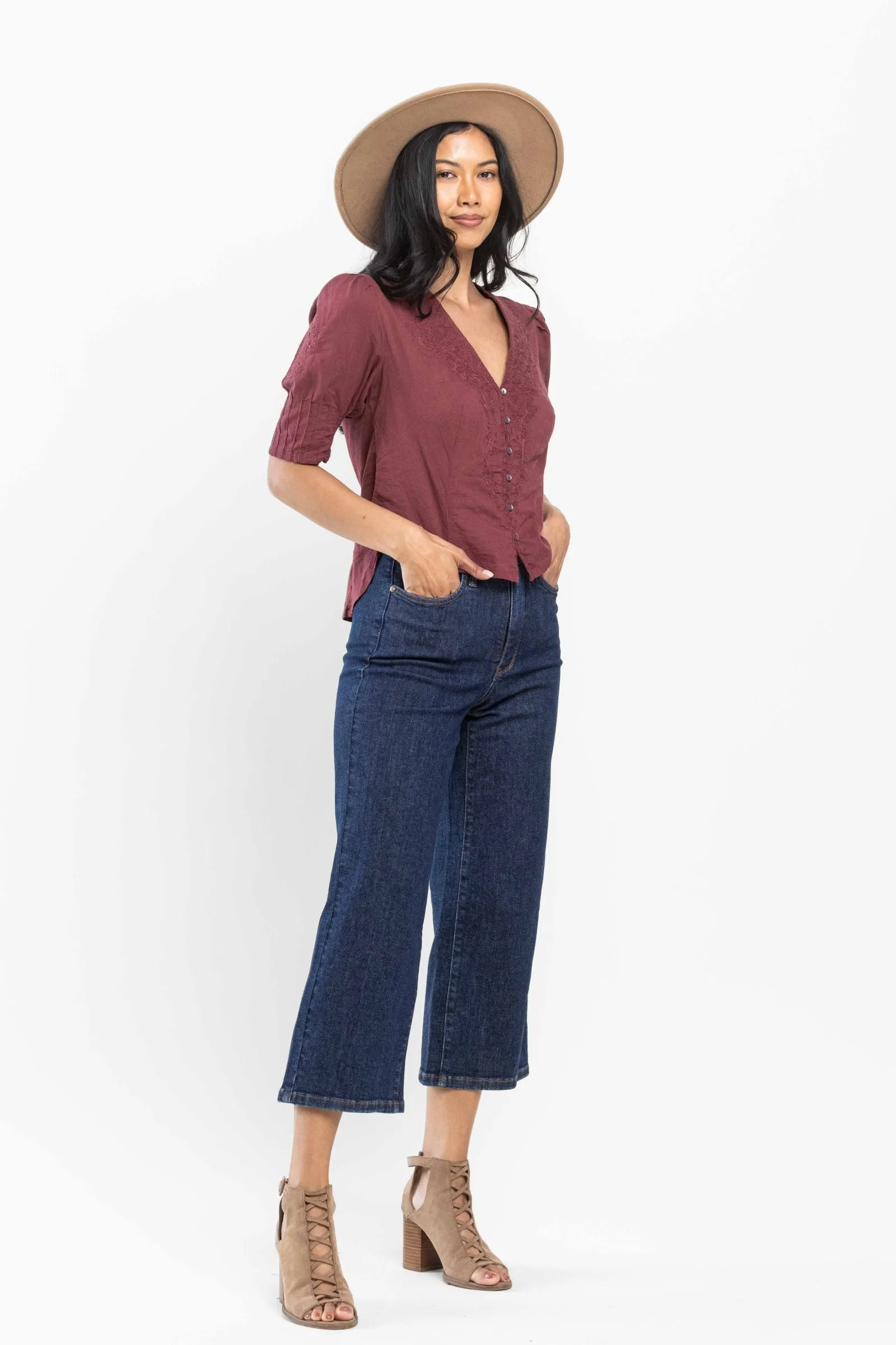 Judy Blue High Waist Tummy Control Tailored Wide Leg Crop Denim 88716