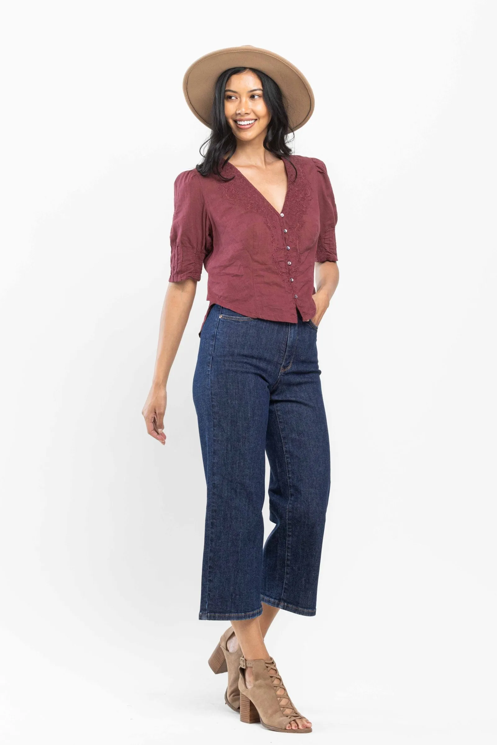 Judy Blue High Waist Tummy Control Tailored Wide Leg Crop Denim 88716