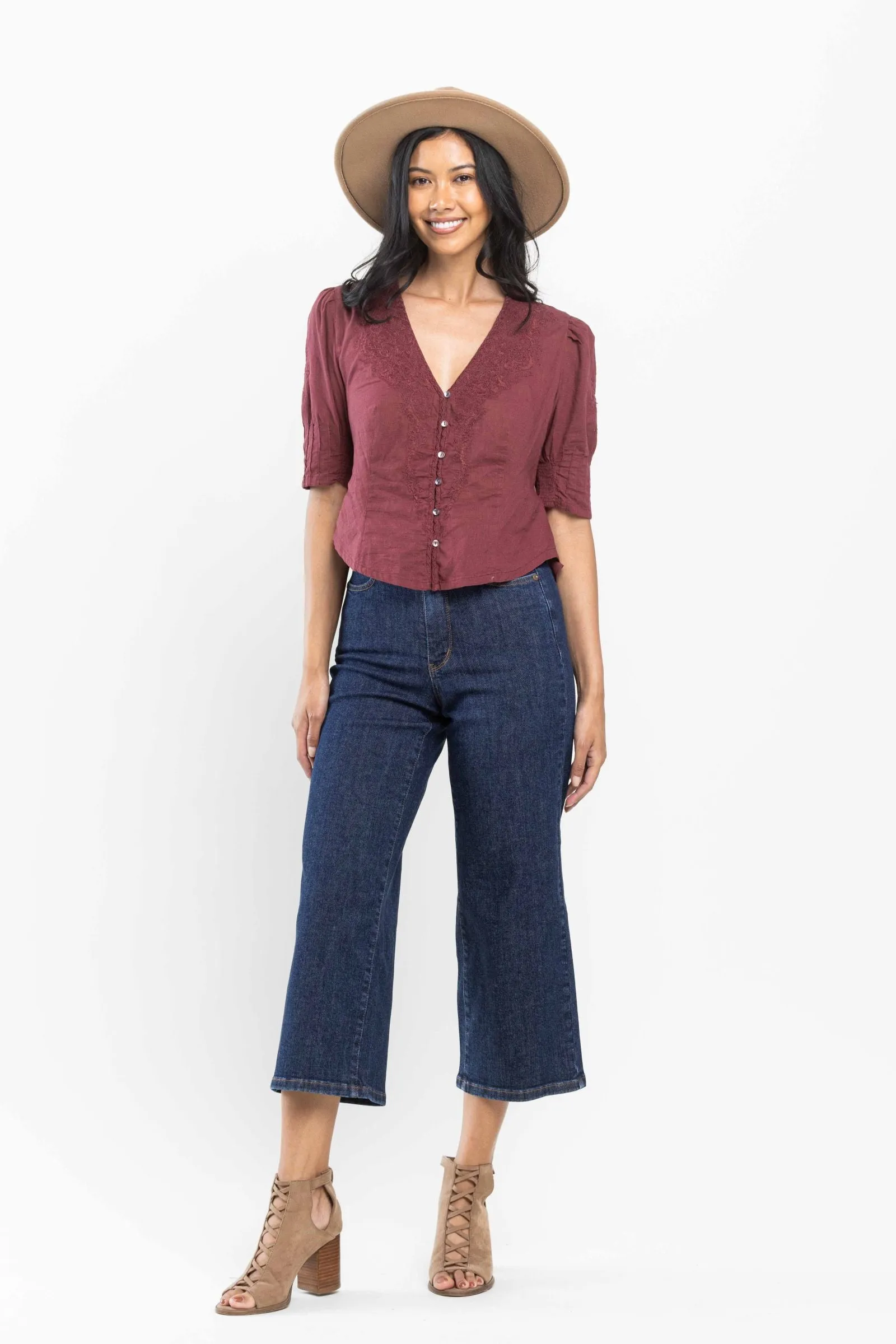 Judy Blue High Waist Tummy Control Tailored Wide Leg Crop Denim 88716