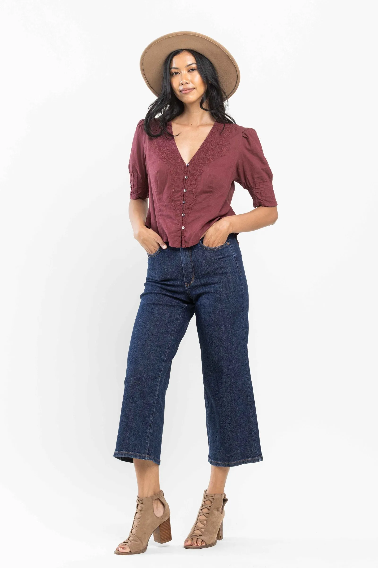 Judy Blue High Waist Tummy Control Tailored Wide Leg Crop Denim 88716