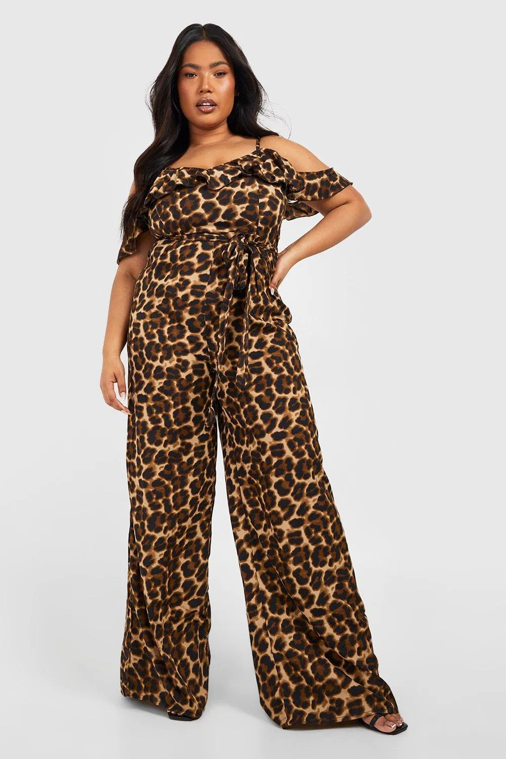 Jumpsuit with cold shoulders plus Boohoo, leopard print