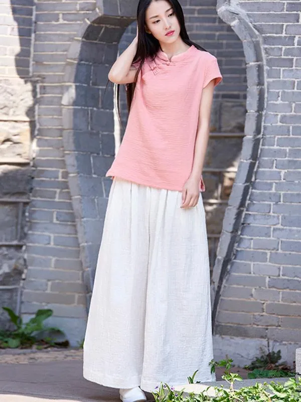 Linen Cotton Solid Color Wide Leg Pants