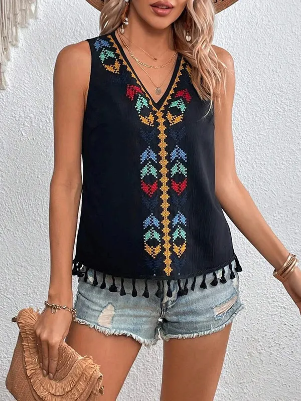 Loose Sleeveless Embroidered Tasseled V-Neck Vest Top