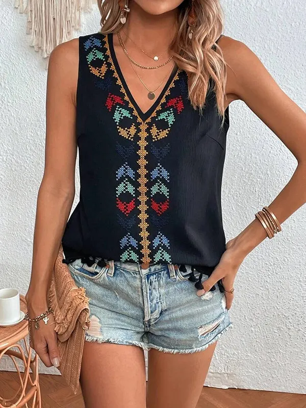 Loose Sleeveless Embroidered Tasseled V-Neck Vest Top