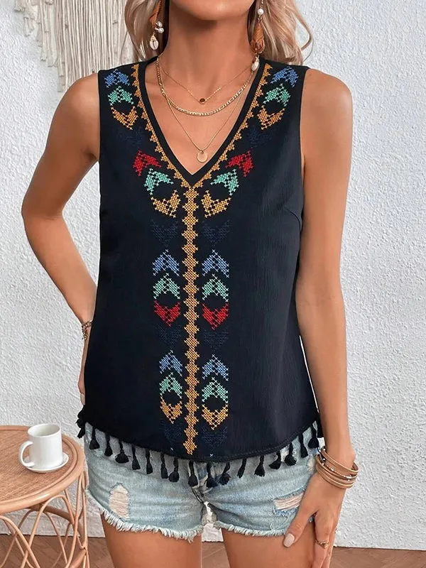 Loose Sleeveless Embroidered Tasseled V-Neck Vest Top