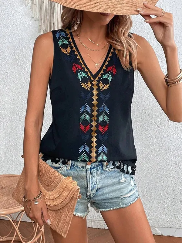 Loose Sleeveless Embroidered Tasseled V-Neck Vest Top