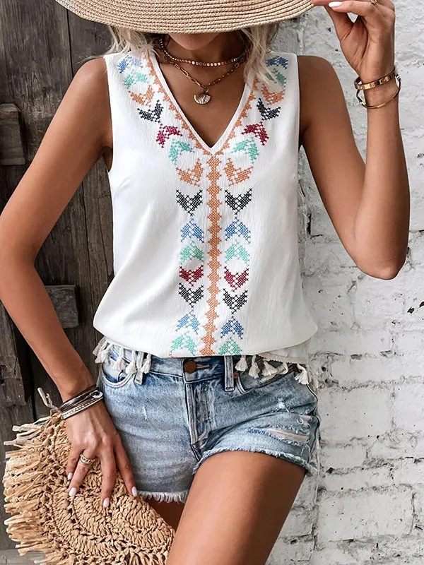 Loose Sleeveless Embroidered Tasseled V-Neck Vest Top