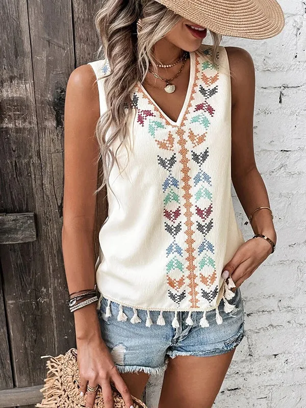 Loose Sleeveless Embroidered Tasseled V-Neck Vest Top