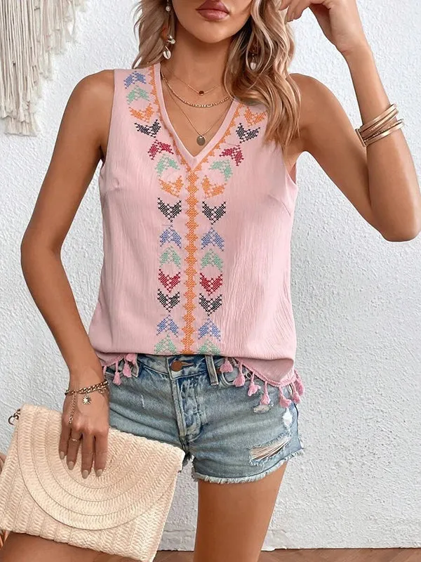 Loose Sleeveless Embroidered Tasseled V-Neck Vest Top