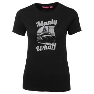 Manly Wharf Ferries Ladies T-Shirt (Black, Silver Print)