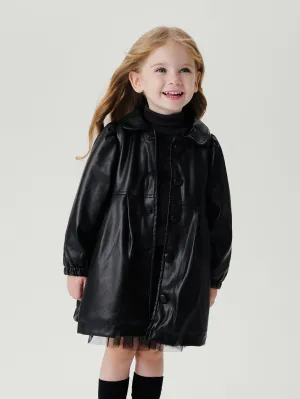 MARC & JANIE Girls Lapel Mid-Length Leather A-Line Loose Jacket 241023