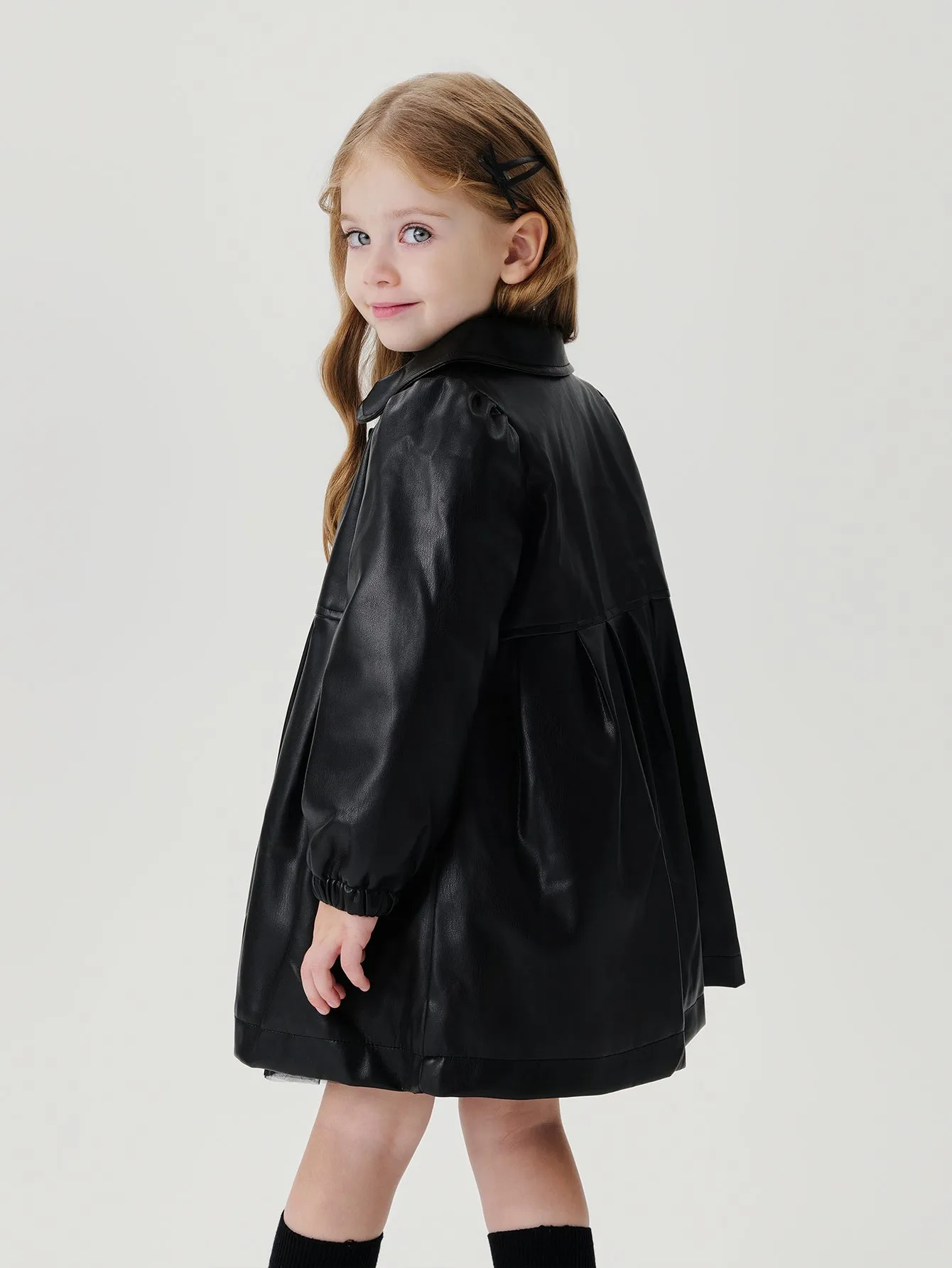 MARC & JANIE Girls Lapel Mid-Length Leather A-Line Loose Jacket 241023