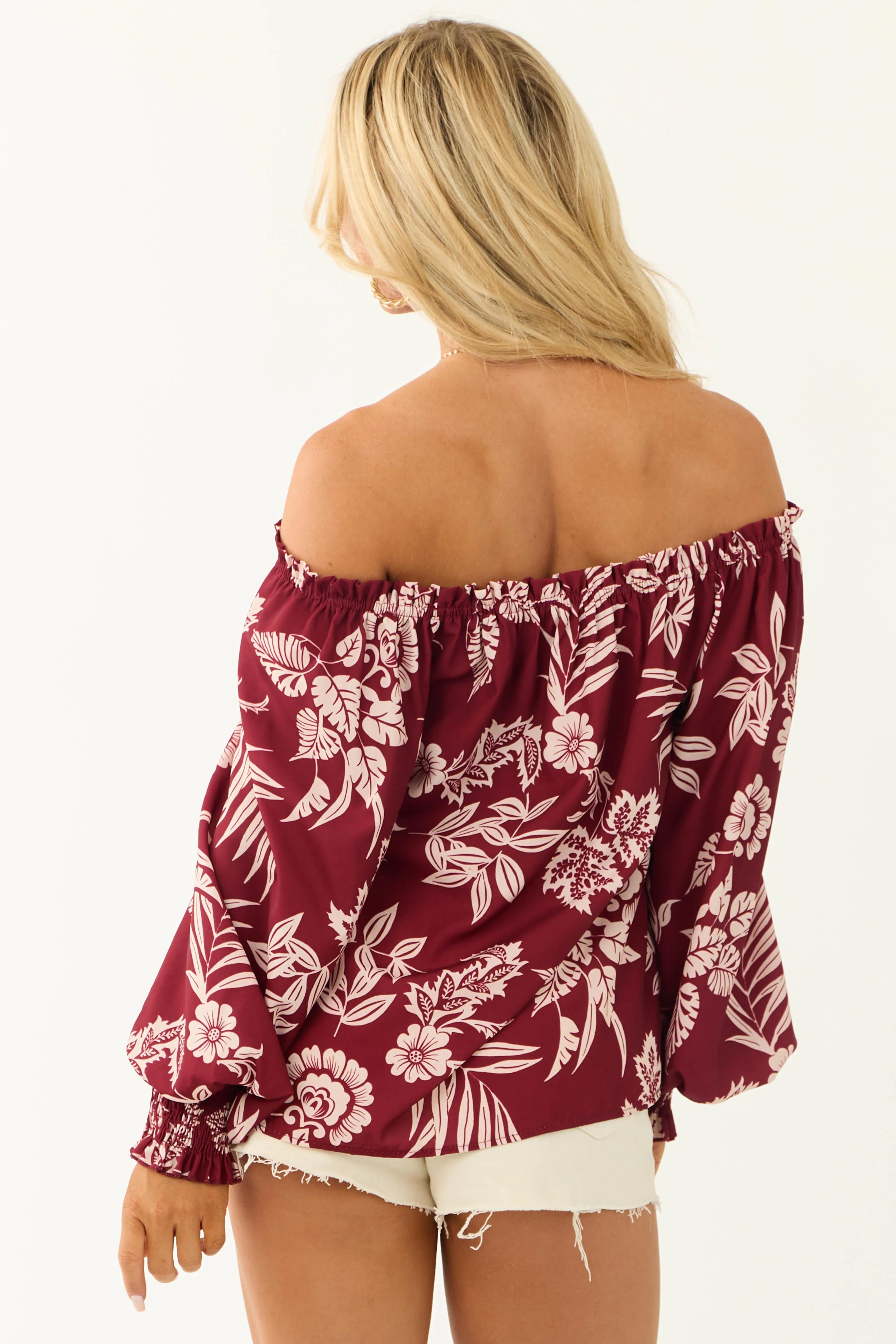 Maroon Off the Shoulder Floral Print Blouse