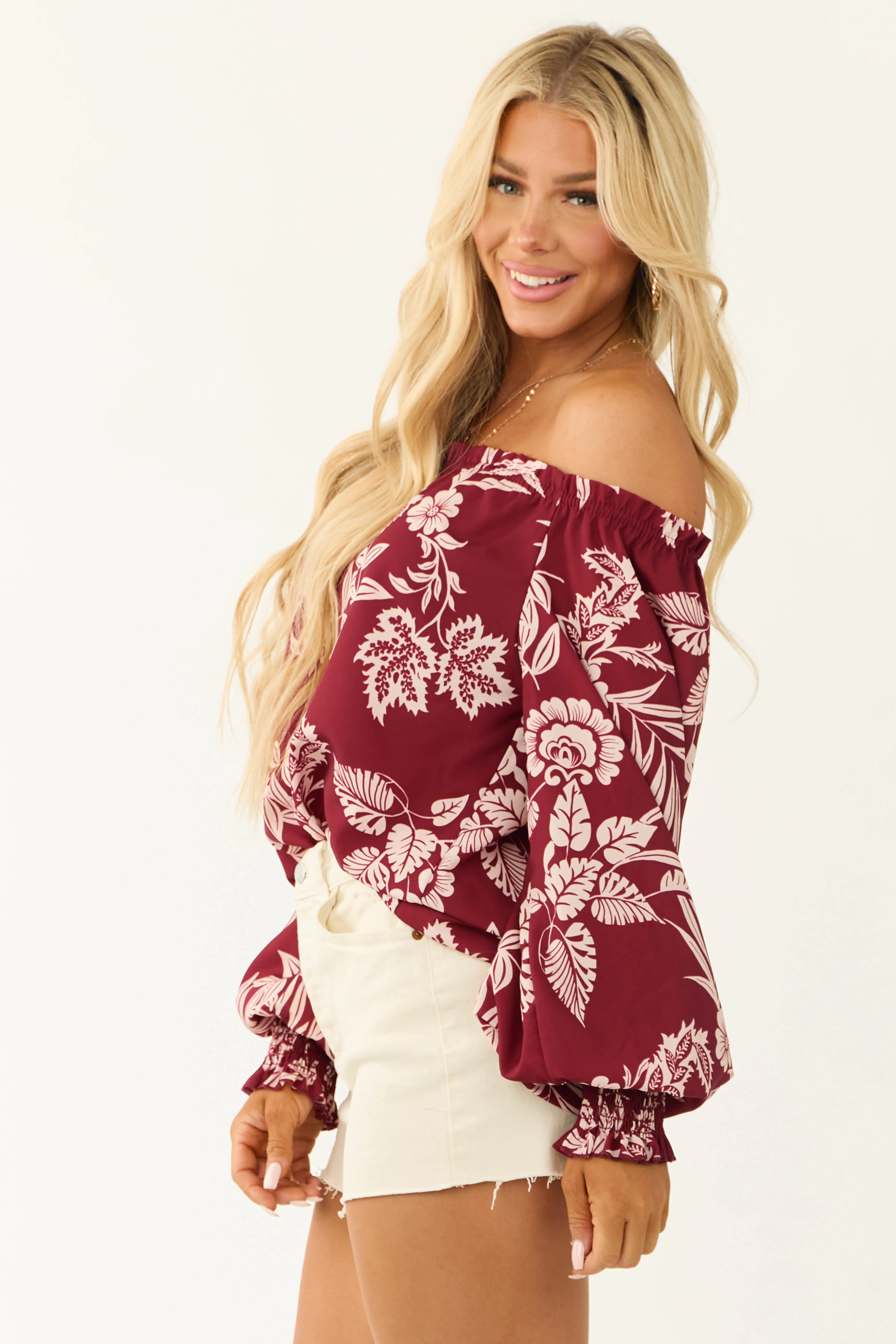 Maroon Off the Shoulder Floral Print Blouse