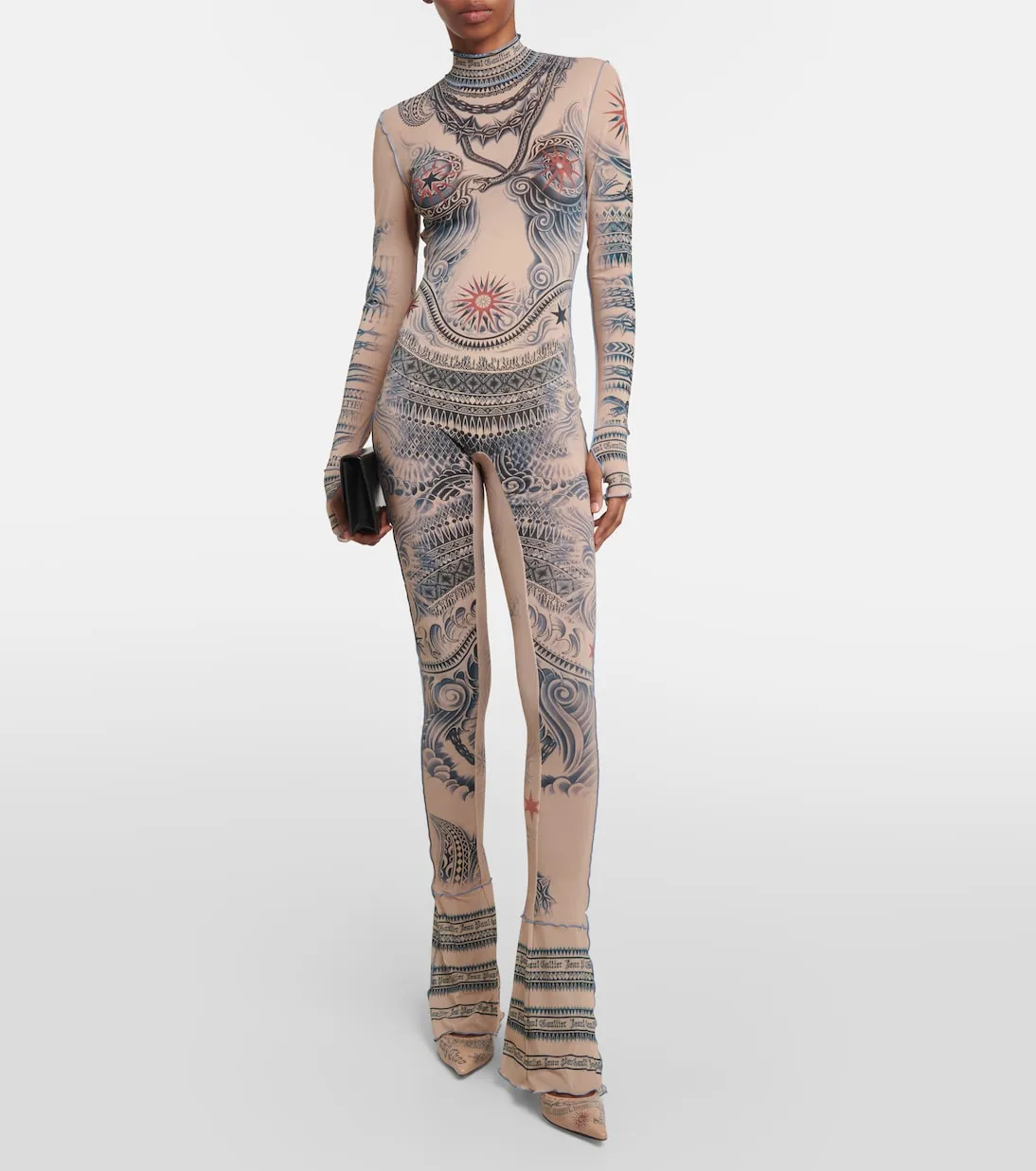 Mesh jumpsuit from the Jean Paul Gaultier tattoo collection, multicolor