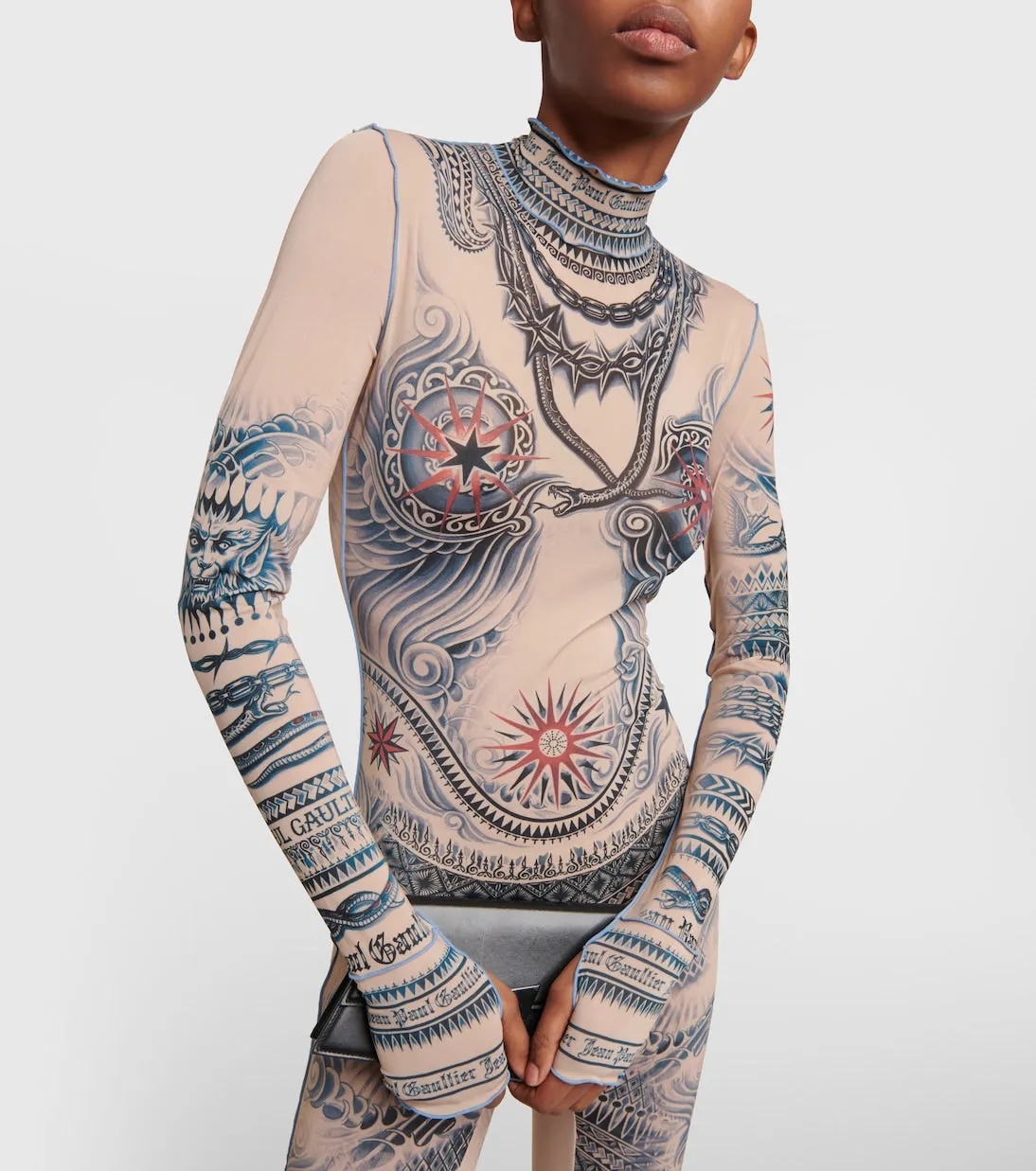 Mesh jumpsuit from the Jean Paul Gaultier tattoo collection, multicolor