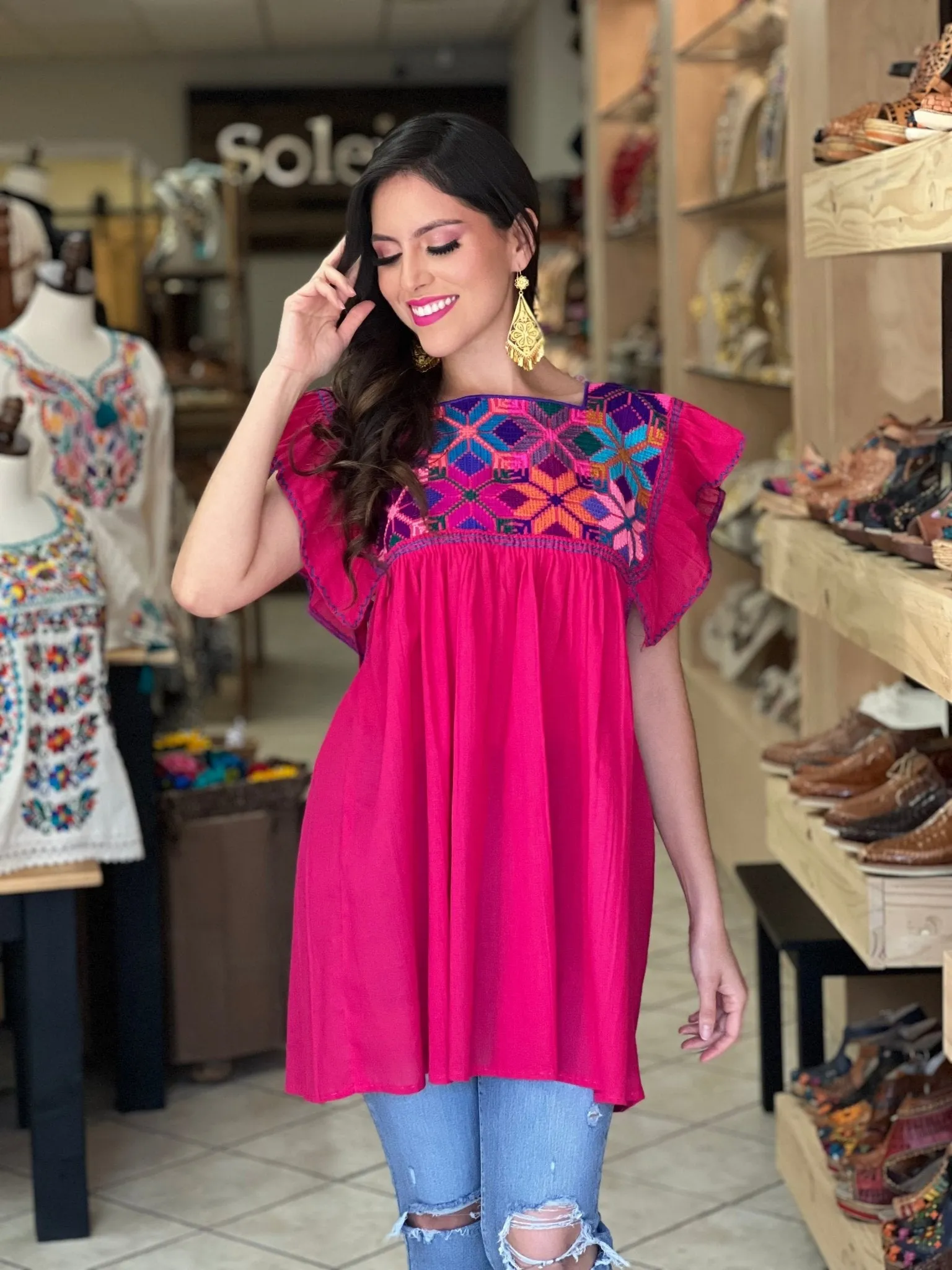 Mexican Traditional Embroidered Flutter Sleeve Blouse. Blusa Larissa Estrella