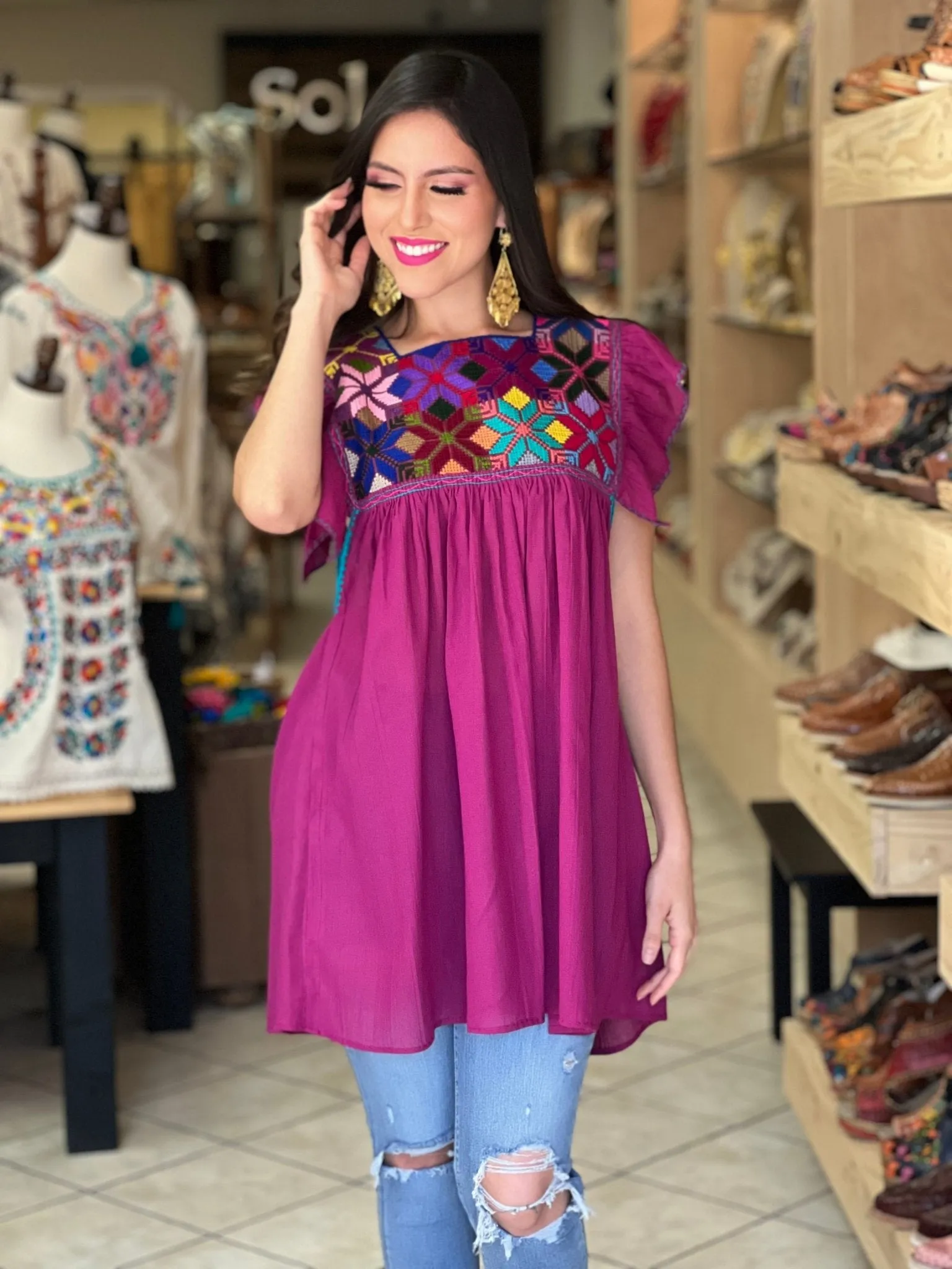 Mexican Traditional Embroidered Flutter Sleeve Blouse. Blusa Larissa Estrella