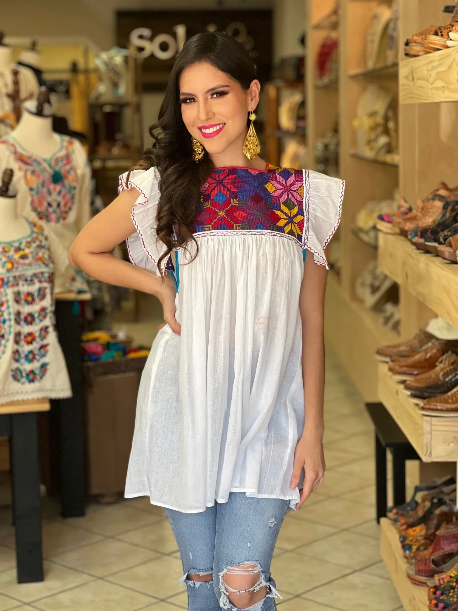 Mexican Traditional Embroidered Flutter Sleeve Blouse. Blusa Larissa Estrella